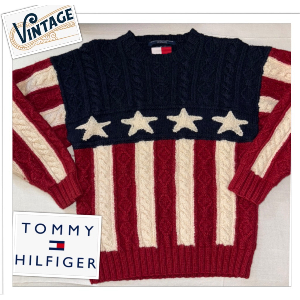 Tommy Hilfiger RARE Vintage 90’s Thick Wool Cable Knit America Flag Sweater sz M